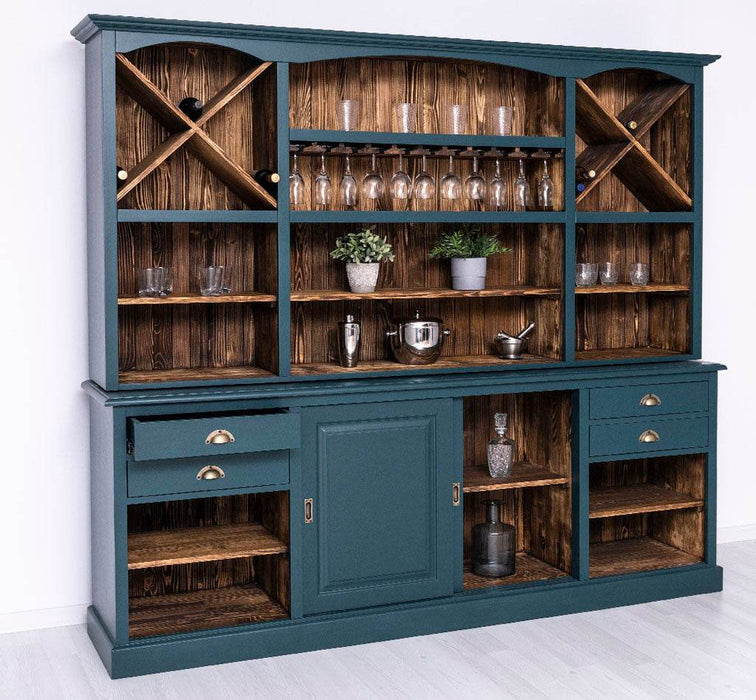 Großer Buffetschrank aus Massivholz | Wohnzimmerschrank mit Glashaltern und Weinfächern - Schwarz - gewachst
