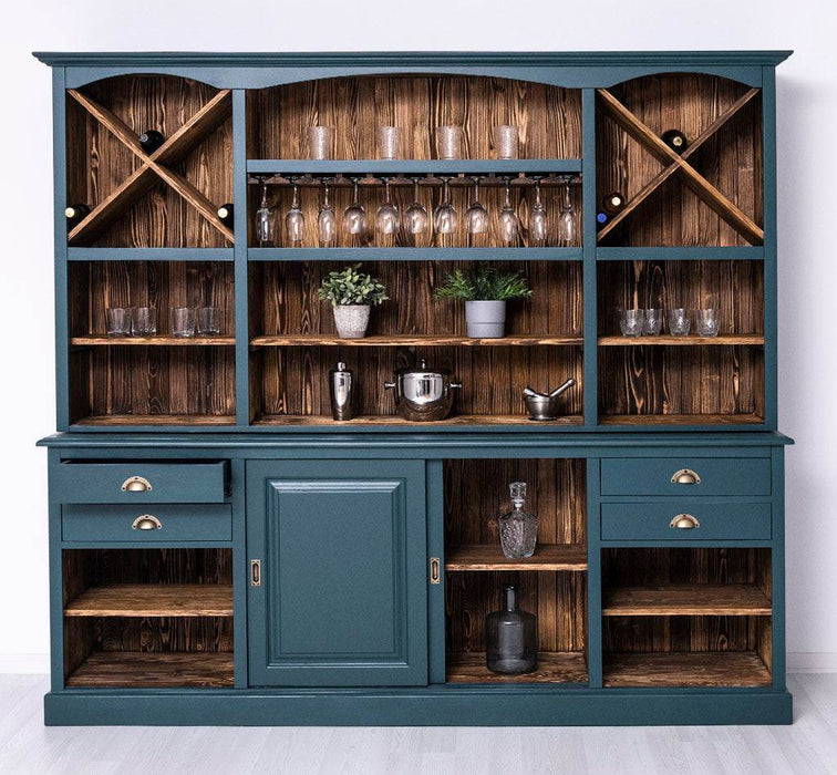 Großer Buffetschrank aus Massivholz | Wohnzimmerschrank mit Glashaltern und Weinfächern - Schwarz - gewachst