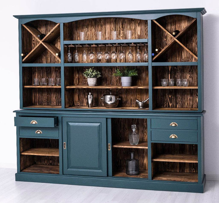 Großer Buffetschrank aus Massivholz | Wohnzimmerschrank mit Glashaltern und Weinfächern - Schwarz - gewachst