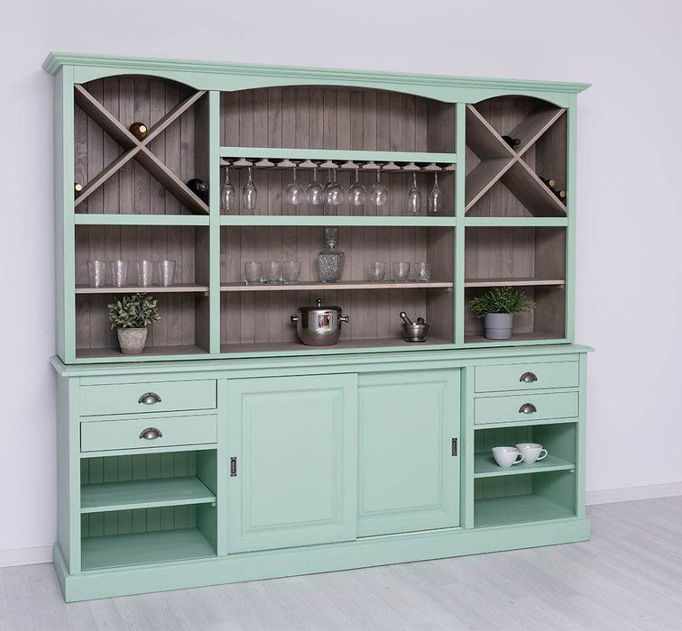 Großer Buffetschrank aus Massivholz | Wohnzimmerschrank mit Glashaltern und Weinfächern - Schwarz - gewachst