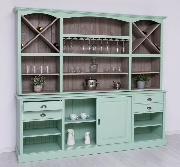 Großer Buffetschrank aus Massivholz | Wohnzimmerschrank mit Glashaltern und Weinfächern - Schwarz - gewachst