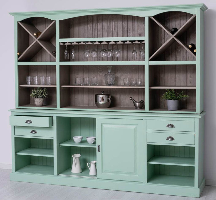 Großer Buffetschrank aus Massivholz | Wohnzimmerschrank mit Glashaltern und Weinfächern - Schwarz - gewachst