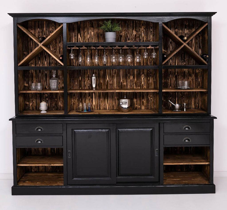 Großer Buffetschrank aus Massivholz | Wohnzimmerschrank mit Glashaltern und Weinfächern - Piano Schwarz - geflammt