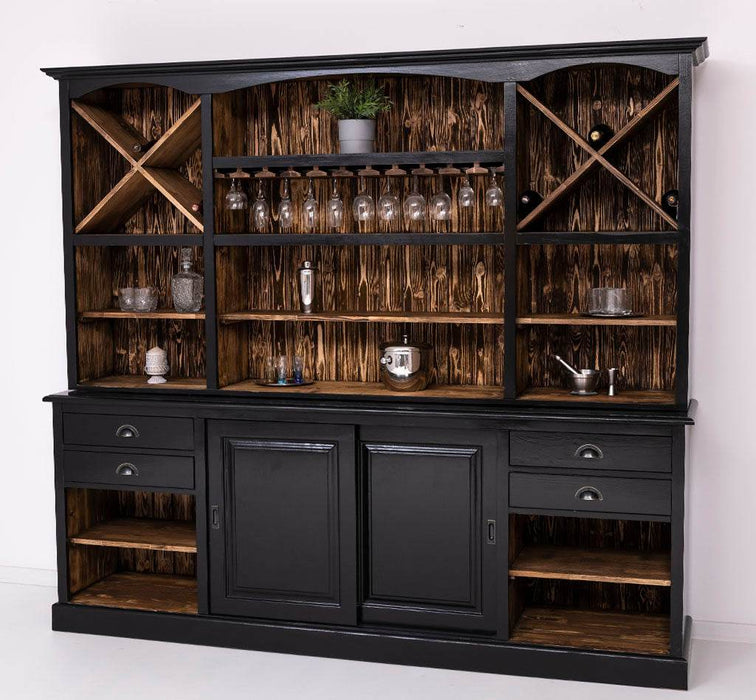 Großer Buffetschrank aus Massivholz | Wohnzimmerschrank mit Glashaltern und Weinfächern - Schwarz - gewachst