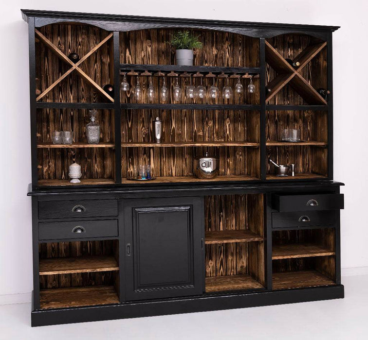 Großer Buffetschrank aus Massivholz | Wohnzimmerschrank mit Glashaltern und Weinfächern - Schwarz - gewachst