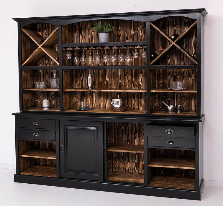 Großer Buffetschrank aus Massivholz | Wohnzimmerschrank mit Glashaltern und Weinfächern - Schwarz - gewachst
