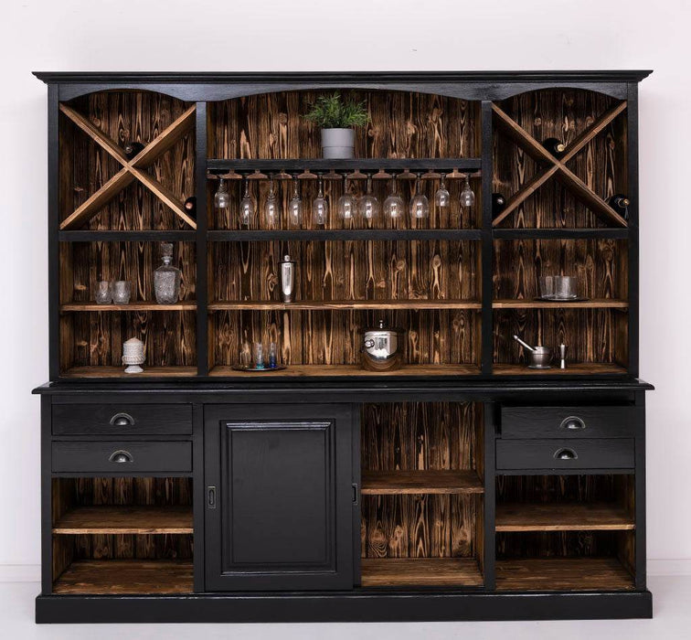 Großer Buffetschrank aus Massivholz | Wohnzimmerschrank mit Glashaltern und Weinfächern - Schwarz - gewachst