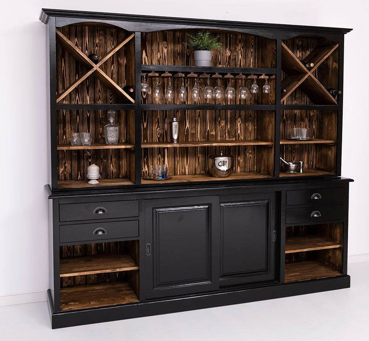 Großer Buffetschrank aus Massivholz | Wohnzimmerschrank mit Glashaltern und Weinfächern - Schwarz - gewachst