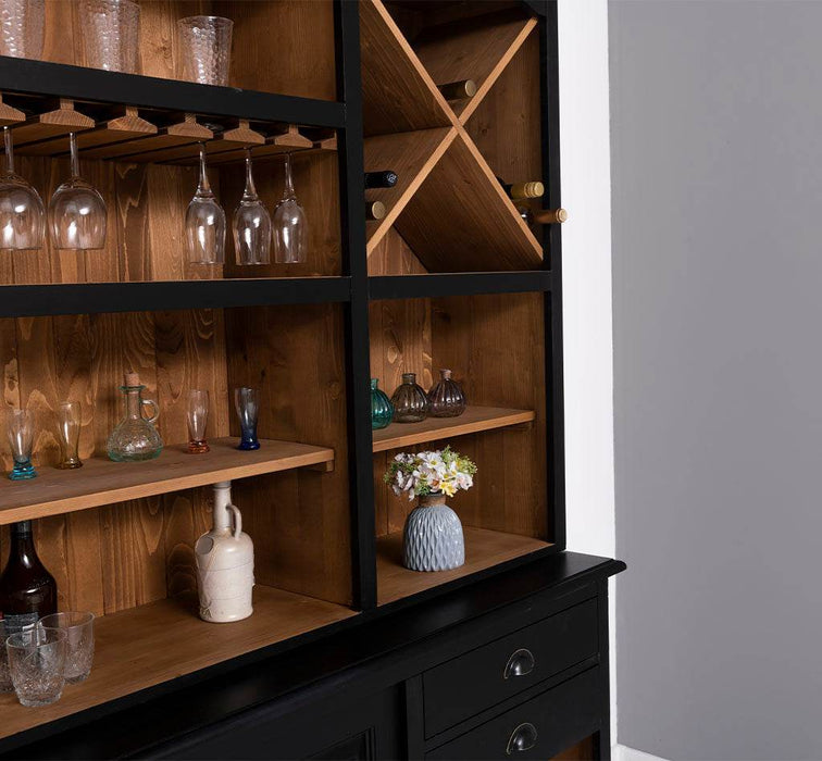 Großer Buffetschrank aus Massivholz | Wohnzimmerschrank mit Glashaltern und Weinfächern - Schwarz - gewachst
