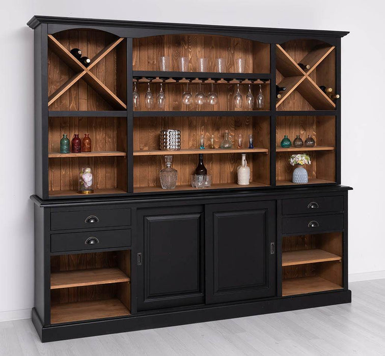 Großer Buffetschrank aus Massivholz | Wohnzimmerschrank mit Glashaltern und Weinfächern - Schwarz - gewachst