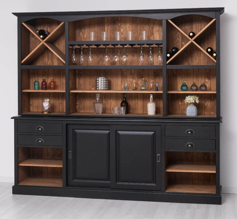Großer Buffetschrank aus Massivholz | Wohnzimmerschrank mit Glashaltern und Weinfächern - Schwarz - gewachst