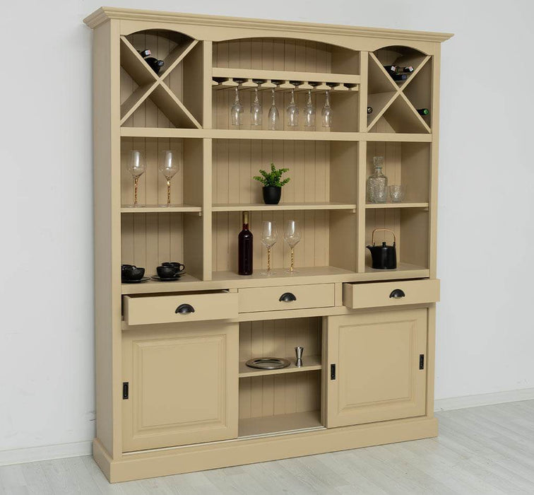 Großer Buffet- und Weinschrank aus Massivholz | Wohnzimmerschrank mit Glashalter und Flaschenablagen - Schwarz