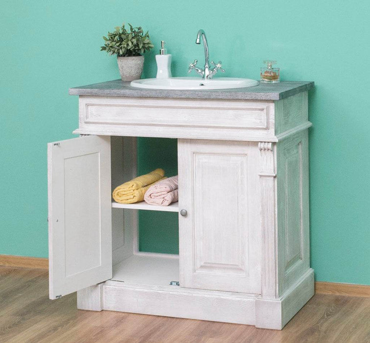 Kleiner Waschbeckenunterschrank aus Massivholz | Waschtisch mit Pinienplatte - Creme - Eiche