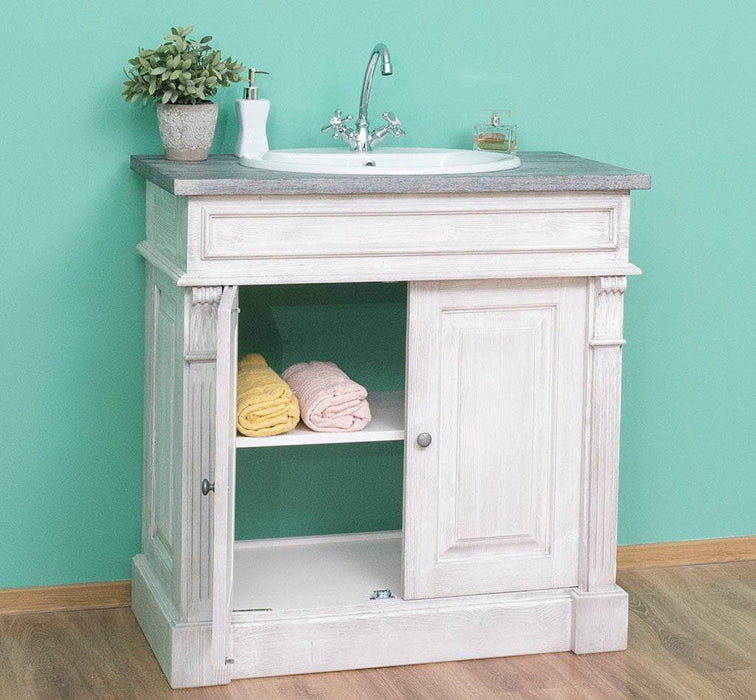 Kleiner Waschbeckenunterschrank aus Massivholz | Waschtisch mit Pinienplatte - Creme - Eiche