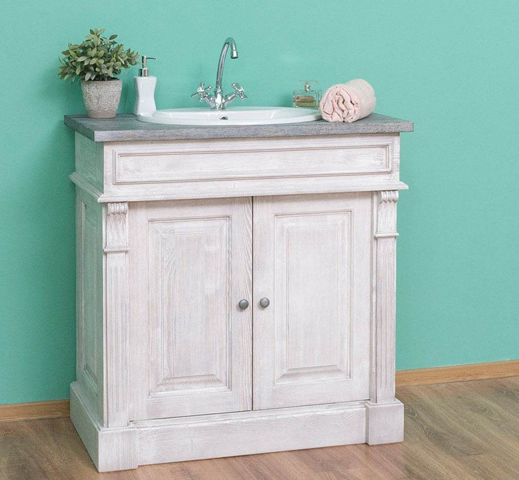 Kleiner Waschbeckenunterschrank aus Massivholz | Waschtisch mit Pinienplatte - Creme - Eiche