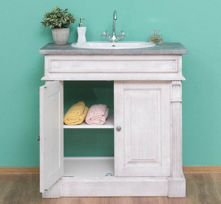 Kleiner Waschbeckenunterschrank aus Massivholz | Waschtisch mit Pinienplatte - Creme - Eiche