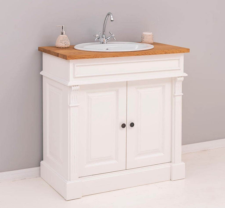 Kleiner Waschbeckenunterschrank aus Massivholz | Waschtisch mit Pinienplatte - Creme - Eiche