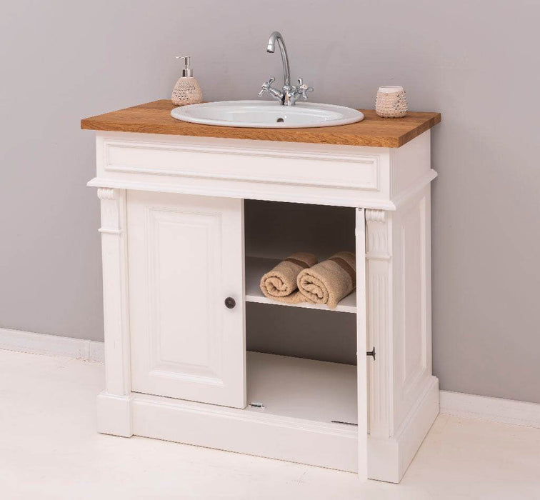 Kleiner Waschbeckenunterschrank aus Massivholz | Waschtisch mit Pinienplatte - Creme - Eiche
