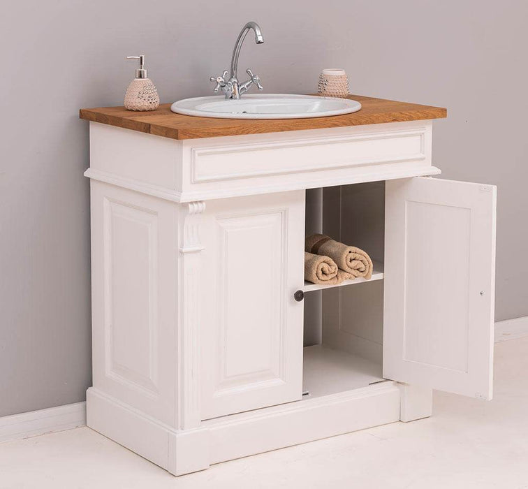 Kleiner Waschbeckenunterschrank aus Massivholz | Waschtisch mit Pinienplatte - Creme - Eiche