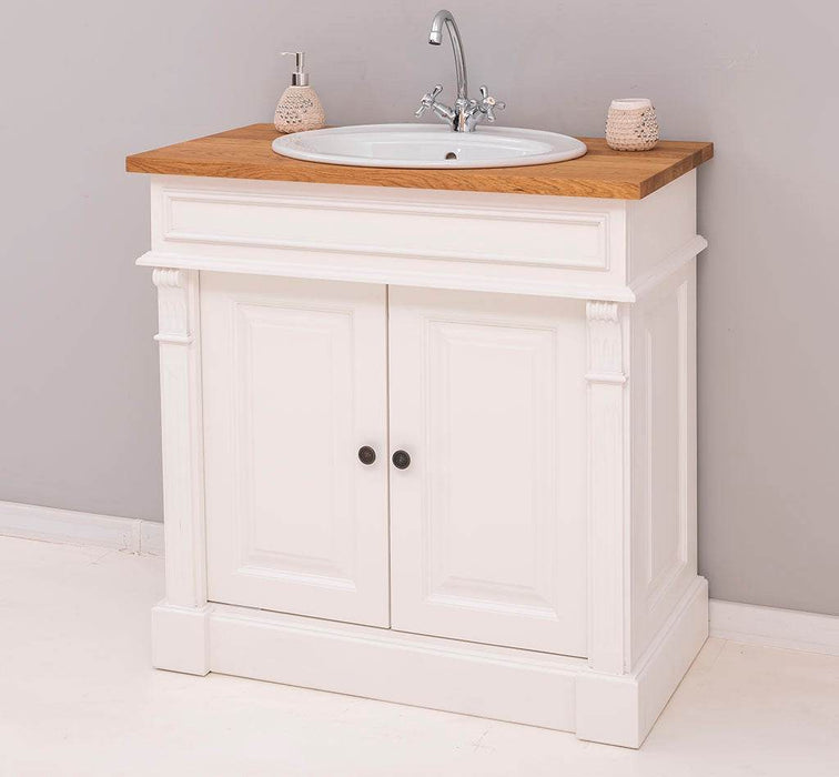 Kleiner Waschbeckenunterschrank aus Massivholz | Waschtisch mit Pinienplatte - Creme - Eiche
