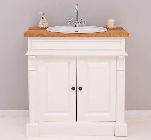 Kleiner Waschbeckenunterschrank aus Massivholz | Waschtisch mit Pinienplatte - Creme - Eiche