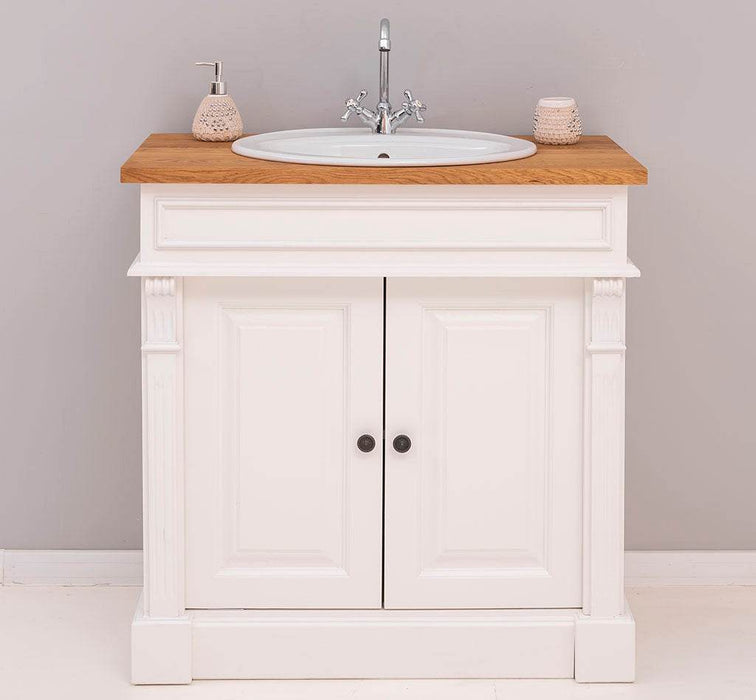 Kleiner Waschbeckenunterschrank aus Massivholz | Waschtisch mit Pinienplatte - Creme - Eiche