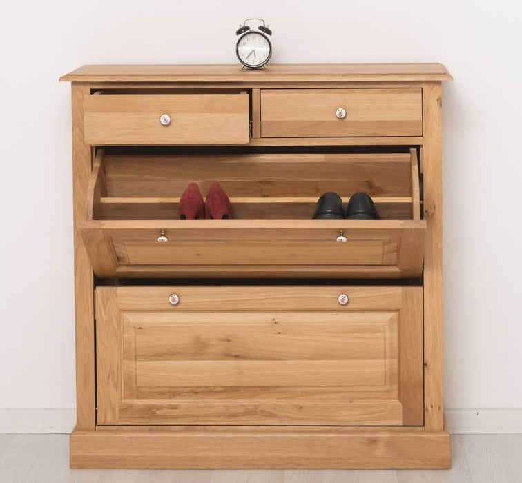 Landhaus Schuhschrank mit zwei Kippfächern aus massiver Eiche - 