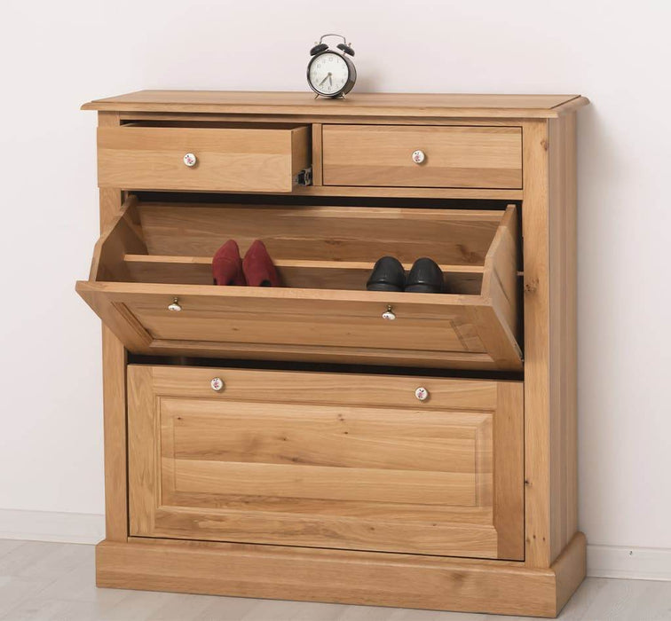 Landhaus Schuhschrank mit zwei Kippfächern aus massiver Eiche - 