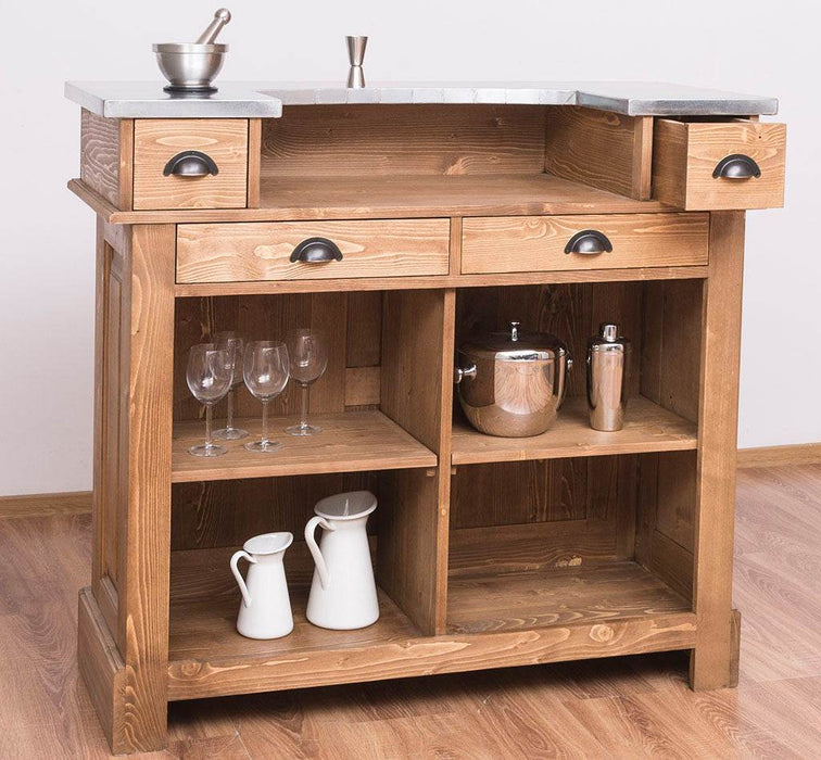 Bartresen | Empfangstheke im Landhausstil aus Massivholz mit Metalltresen - Zink - 120x107x51 / Beige