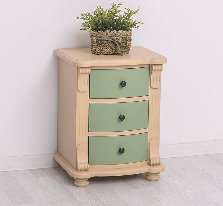 Nachttisch aus Massivholz | Beistelltisch mit drei Schubladen - Beige - Salbei