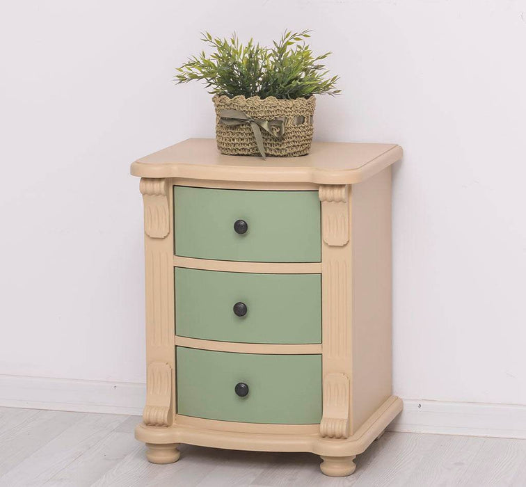 Nachttisch aus Massivholz | Beistelltisch mit drei Schubladen - Beige - Salbei