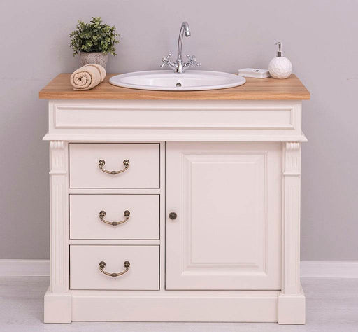 Rustikaler Waschbeckenunterschrank aus Massivholz mit Eichenplatte - Creme