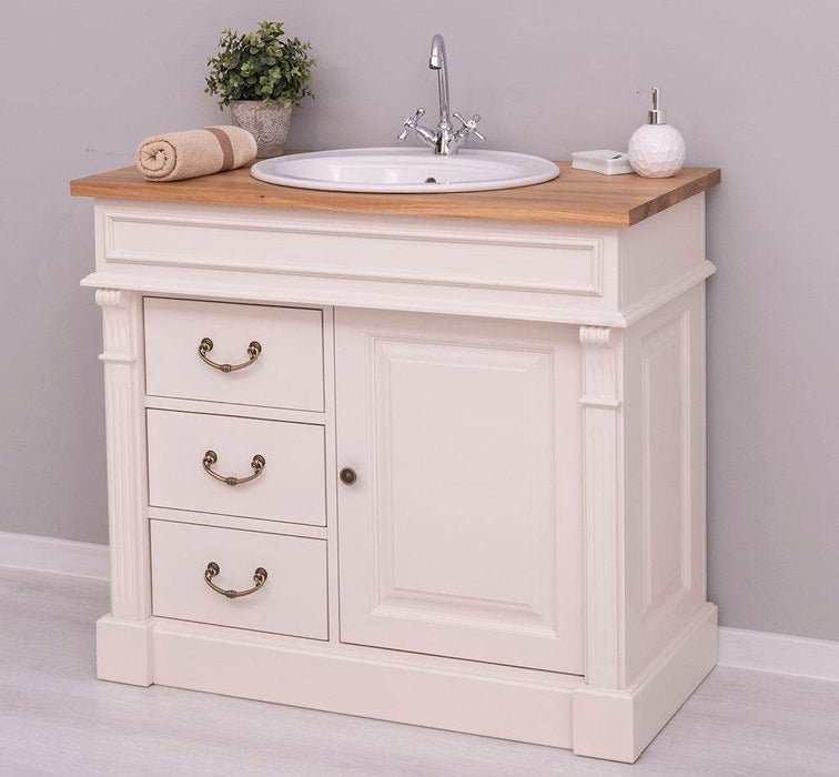 Rustikaler Waschbeckenunterschrank aus Massivholz mit Eichenplatte - Creme