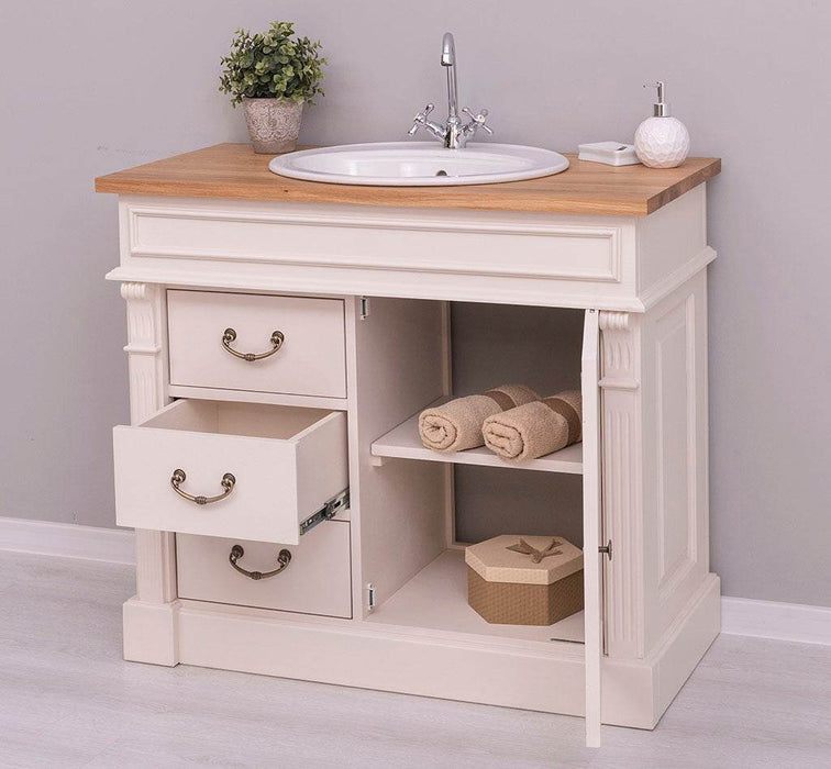 Rustikaler Waschbeckenunterschrank aus Massivholz mit Eichenplatte - Creme