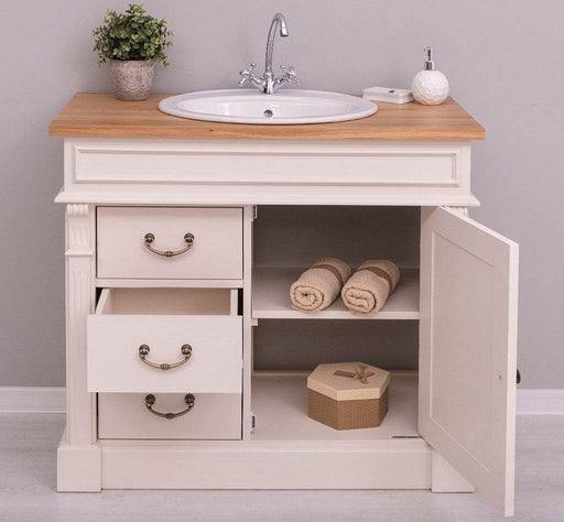 Rustikaler Waschbeckenunterschrank aus Massivholz mit Eichenplatte - Creme