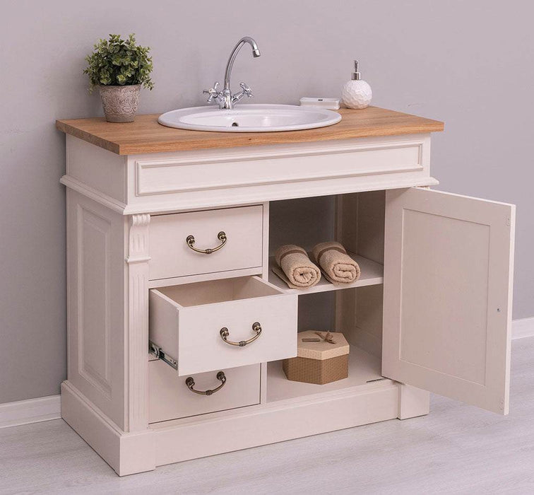 Rustikaler Waschbeckenunterschrank aus Massivholz mit Eichenplatte - Creme