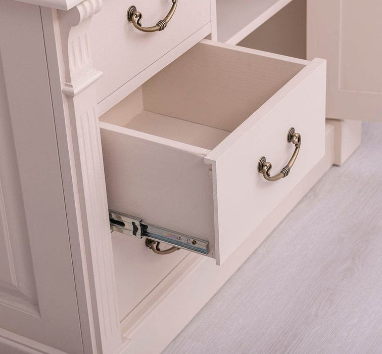 Rustikaler Waschbeckenunterschrank aus Massivholz mit Eichenplatte - Creme