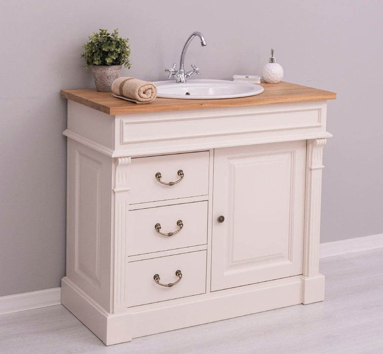 Rustikaler Waschbeckenunterschrank aus Massivholz mit Eichenplatte - Creme