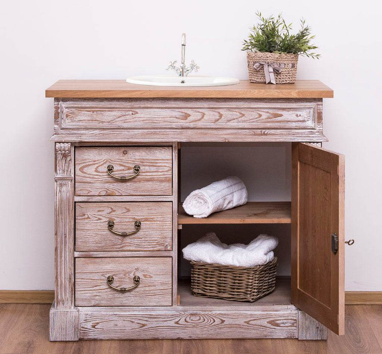 Rustikaler Waschbeckenunterschrank aus Massivholz mit Eichenplatte - Creme