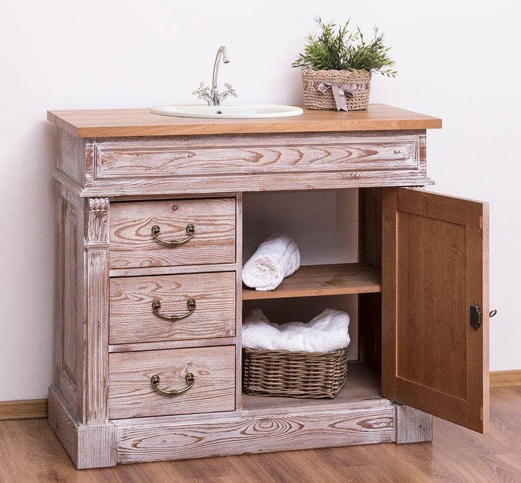 Rustikaler Waschbeckenunterschrank aus Massivholz mit Eichenplatte - Creme