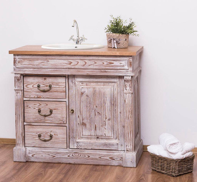 Rustikaler Waschbeckenunterschrank aus Massivholz mit Eichenplatte - Creme