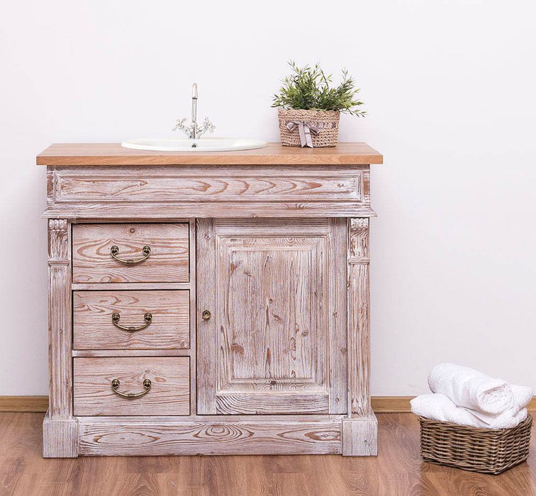 Rustikaler Waschbeckenunterschrank aus Massivholz mit Eichenplatte - Creme