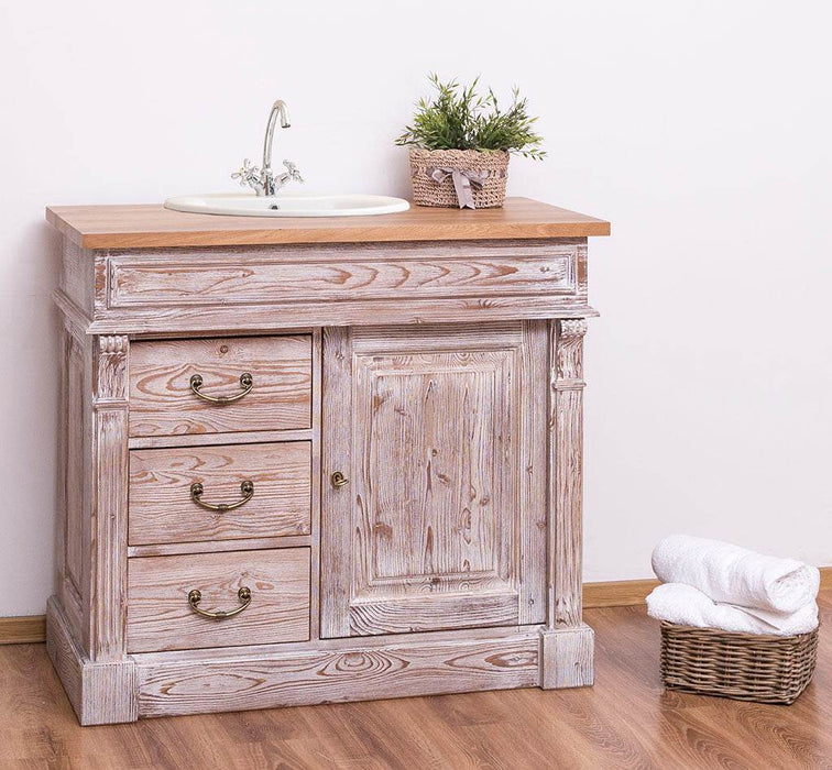 Rustikaler Waschbeckenunterschrank aus Massivholz mit Eichenplatte - Creme