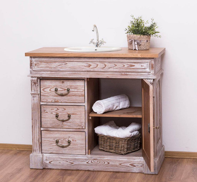 Rustikaler Waschbeckenunterschrank aus Massivholz mit Eichenplatte - Creme