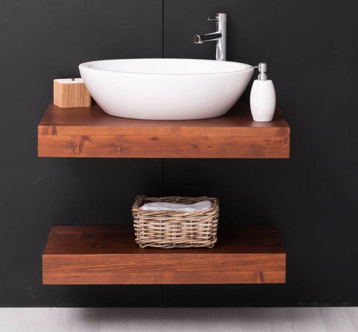 frontal aufnahme   2 x 10cm dickes massives Holzbrett kastanienfarben mit Waschbecken keramik