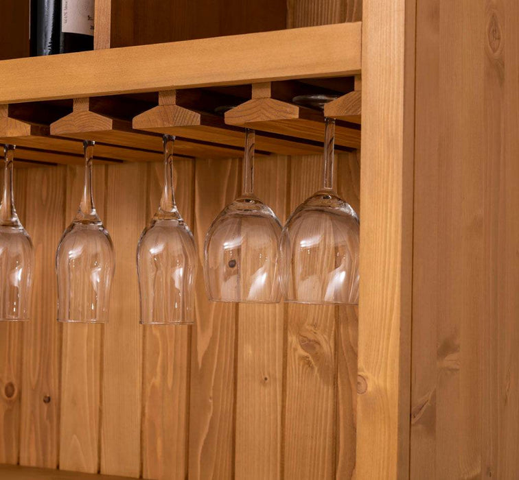 Rustikales Regal aus Massivholz mit Glashalterung | Geschirrschrank - Petrol | Pinie geflammt und gebürstet