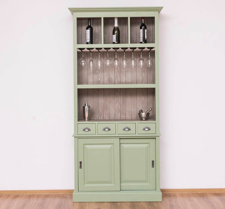 Rustikales Regal aus Massivholz mit Glashalterung | Buffetschrank in verschiedenen Farben - Salbei-Gebürstet