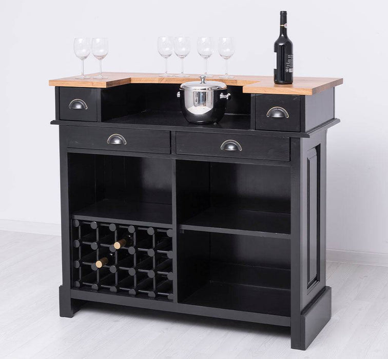 Vintage Weinbar aus Massivholz mit Flaschenfach für 15 Flaschen - Pinie geflammt und gebürstet - Blau