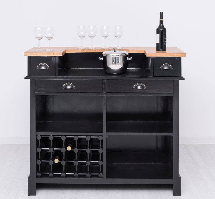Vintage Weinbar aus Massivholz mit Flaschenfach für 15 Flaschen - Pinie geflammt und gebürstet - Blau