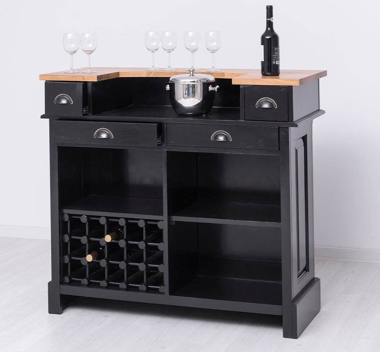Vintage Weinbar aus Massivholz mit Flaschenfach für 15 Flaschen - Pinie geflammt und gebürstet - Blau
